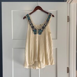 Free People Cream Top with Beaded Blue Embroidery